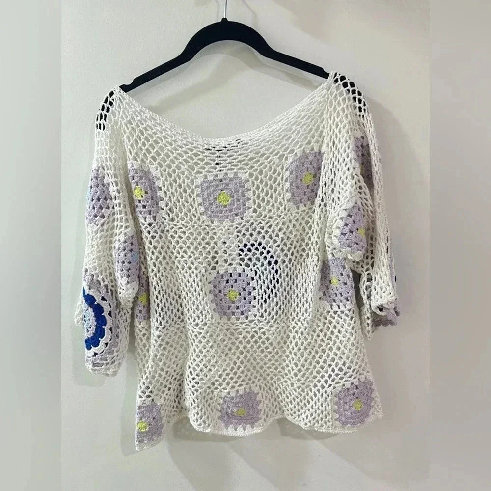 Zara crop top crochet evil eye cover-up wide boat neck swimsuit short sleeve